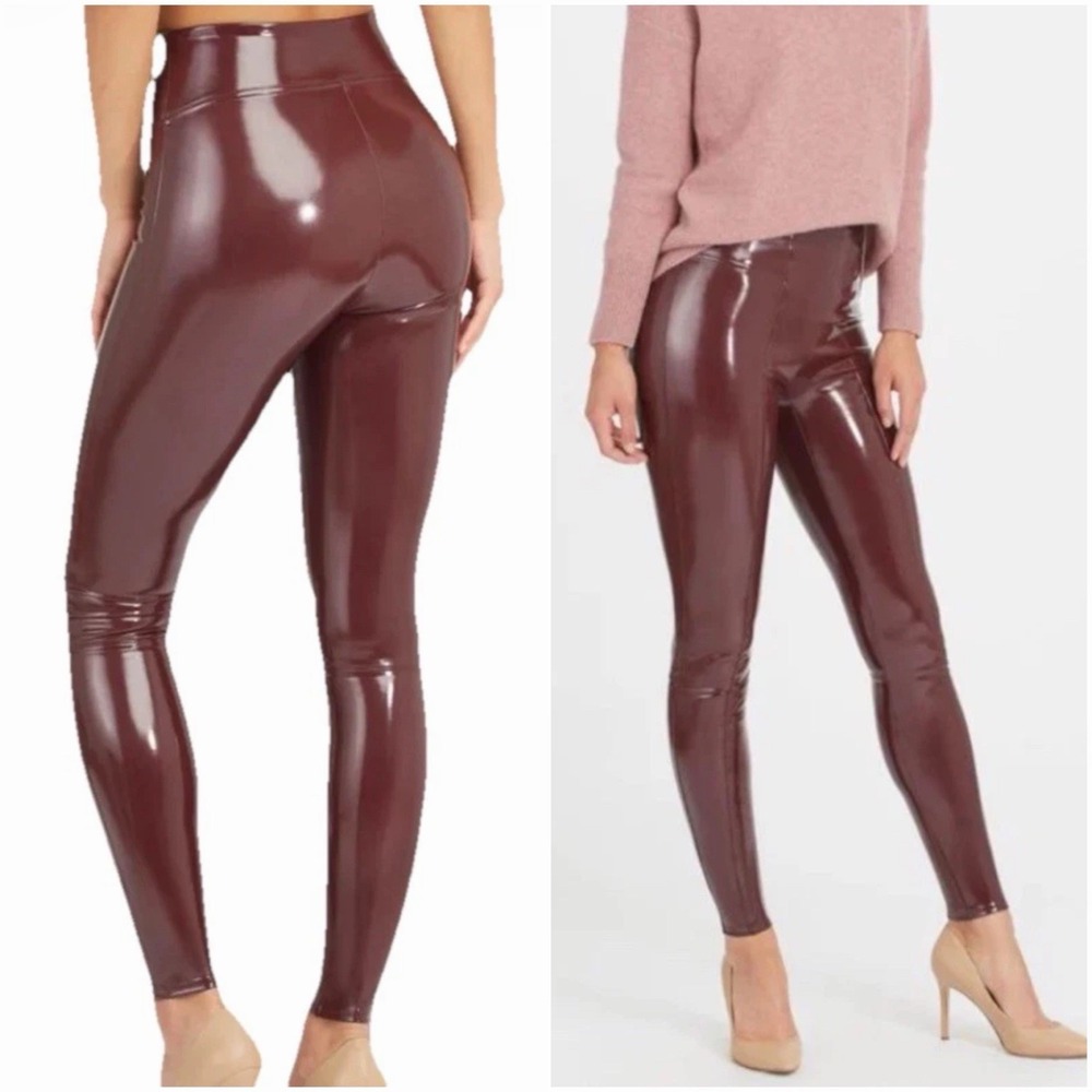SPANX Faux Patent Leather Liquid Gloss Leggings Pants Burgundy Medium Petite